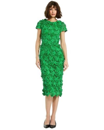 Mac Duggal Floral Lace Fitted Short Sleeve Midi Dress - Green
