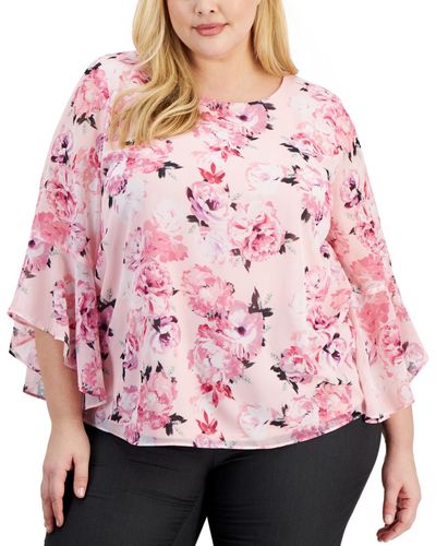 Kasper Plus Size Floral-print 3/4-sleeve Blouse - Pink