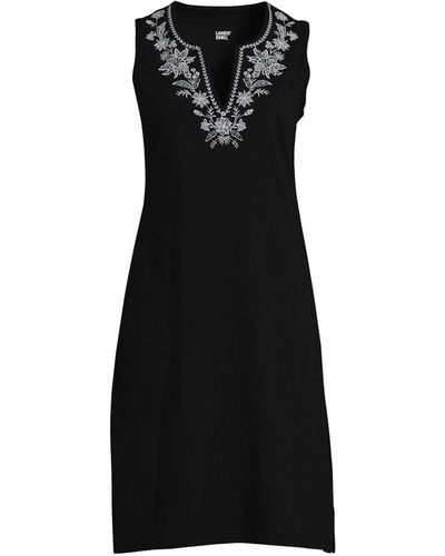 Lands' End Embroidered Cotton Jersey Sleeveless Swim Cover-up Dress - Black