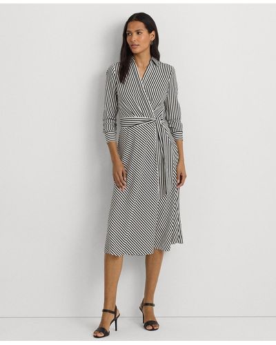 Lauren by Ralph Lauren Striped Surplice Crepe Midi Dress - Gray