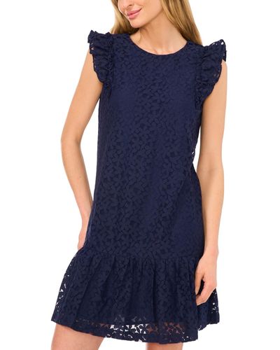 Cece Floral Lace Ruffle Sleeve Mini Dress - Blue