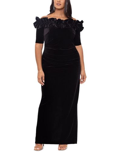 Xscape Plus Size Velvet Ruffled Off-the-shoulder Gown - Black