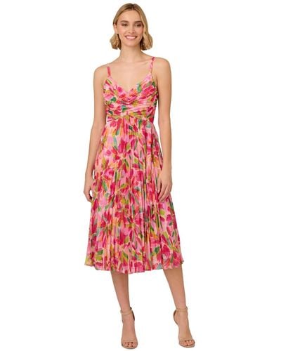 Adrianna Papell Floral-print Pleated Midi Dress - Red