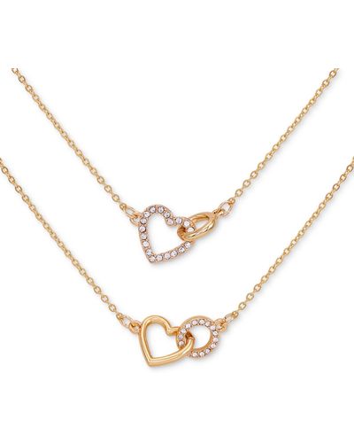 Guess Gold-tone 2-pc. Set Pave Interlocking Heart & Circle Pendant Necklaces - Metallic