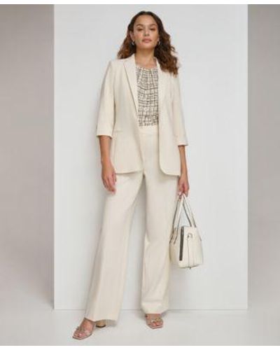 Calvin Klein Open Front 3 4 Sleeve Blazer Printed Sleeveless Pleat Neck Top Mid Rise Wide Leg Pants - Natural