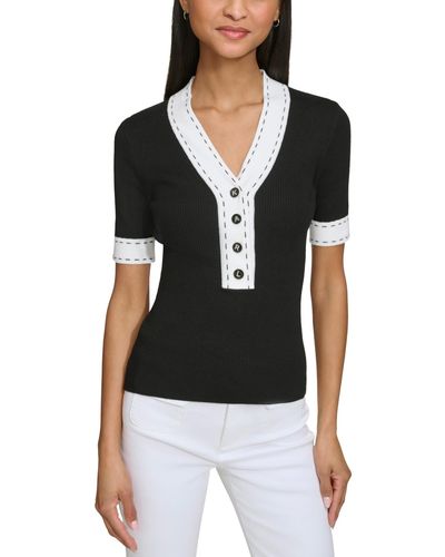 Karl Lagerfeld Contrast-trim Short-sleeve Ribbed Sweater - Black