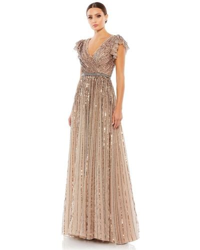 Mac Duggal Sequined Wrap Over Ruffled Cap Sleeve Gown - Natural