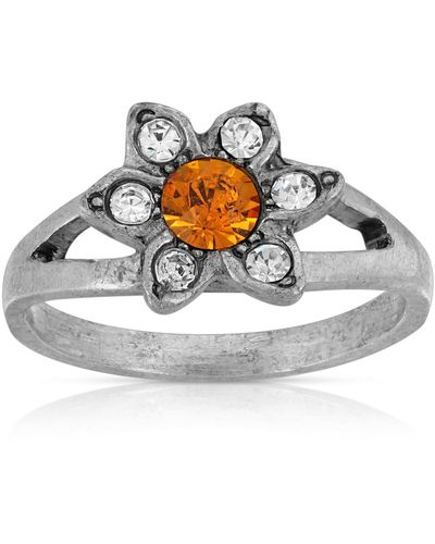 2028 Pewter And Clear Crystal Flower Ring - Yellow