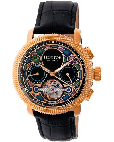 Heritor Automatic Aura Rose Gold & Leather Watches 44mm - Black