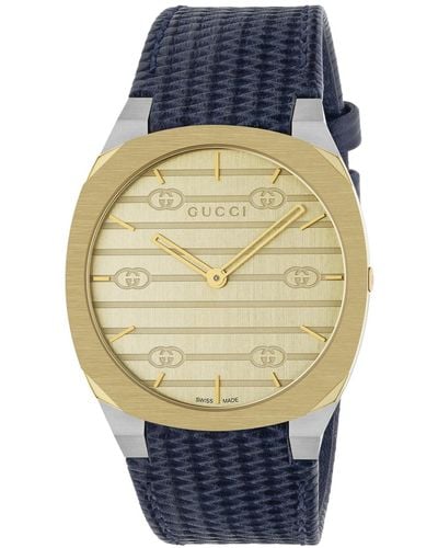 Gucci 18k Gold-plated Stainless Steel & Leather Strap Watch - Blue