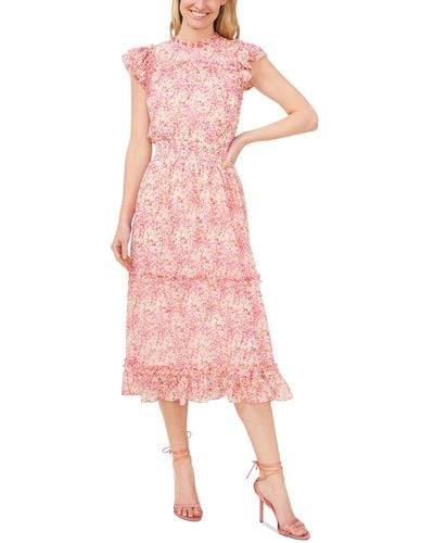 Cece Flutter Sleeve Smocked Waist Midi Dress - Pink