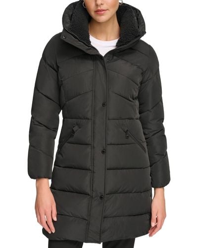 Calvin Klein Faux-sherpa Collar Hooded Stretch Puffer Coat - Black