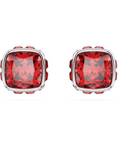 Swarovski Rhodium Plated Square Cut Color Birthstone Stud Earrings - Red