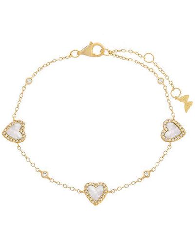 By Adina Eden 14k Gold-plated Sterling Silver Mother Of Pearl & Cubic Zirconia Heart Link Bracelet - Metallic