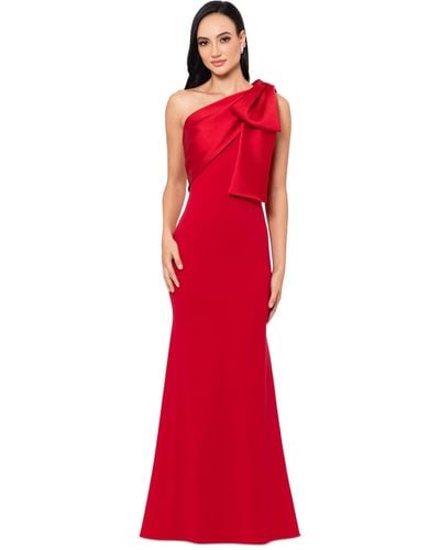 Betsy & Adam Bow-trimmed One-shoulder Gown - Red