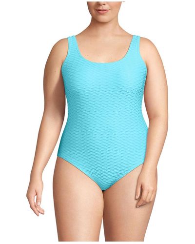 Lands' End Plus Size Chlorine Resistant Texture High Leg Soft Cup Tugless One Piece Swimsuit - Blue