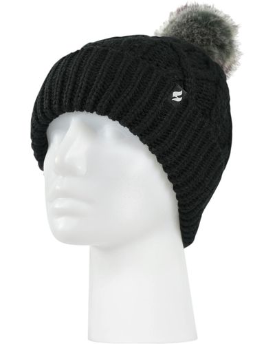 Heat Holders Brina Solid Cable Knit Roll Up Pom-pom Hat - Black