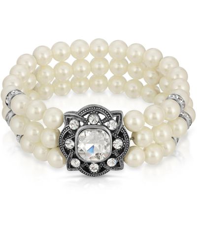 2028 Silver-tonetone 3-row Imitation Pearl And Crystal Strectch Bracelet - White