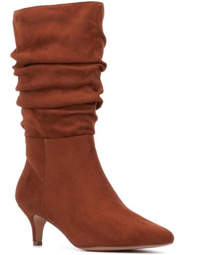 New York & Company Mette- Kitten Heel Ruched Pointy Boots - Brown