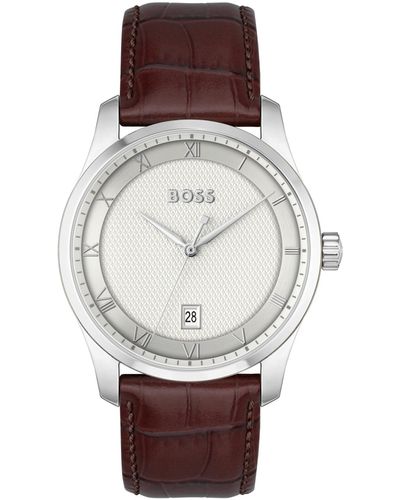 BOSS Men Principle Quartz Basic Calendar Leather Watch 41mm - Gray
