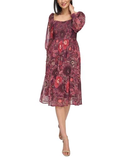Vince Camuto Floral-print Smocked Midi Dress - Red
