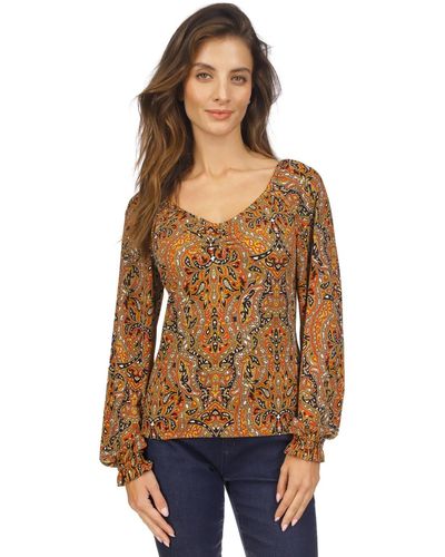 Michael Kors Paisley Ruched Ruffled-cuff Top - Multicolor