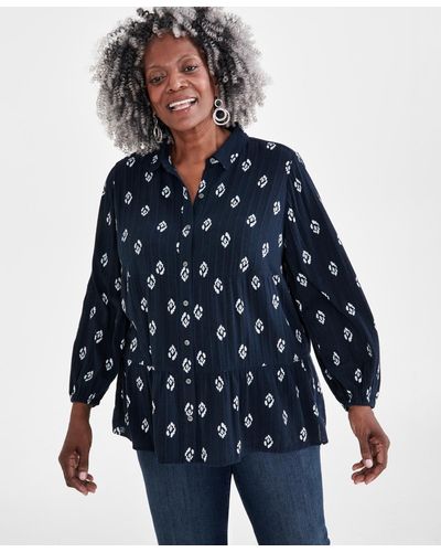Style & Co. Plus Size Ikat Icon Tiered Long-sleeve Shirt - Blue