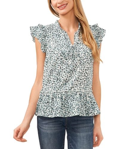 Cece Printed Ruffle Trimmed Tie-neck Blouse - Blue
