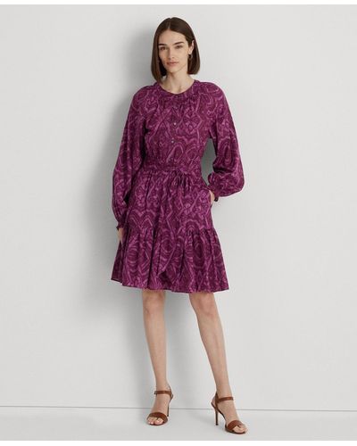 Lauren by Ralph Lauren Geo-print Belted Cotton Voile Dress - Purple