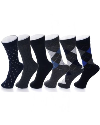 Alpine Swiss 6 Pack Cotton Dress Socks Mid Calf Argyle Pattern Solids Set - Blue