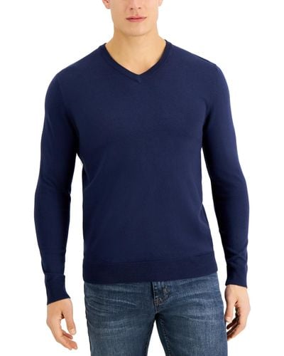 Alfani Solid V-neck Cotton Sweater - Blue