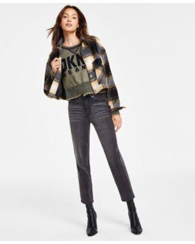 DKNY Plaid Button Down Jacket Crewneck Logo Sweater Straight Leg Denim Jeans - Gray