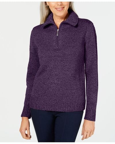 Karen Scott Petite Quarter-zip Wing-collar Sweater, Created For Macy's - Purple