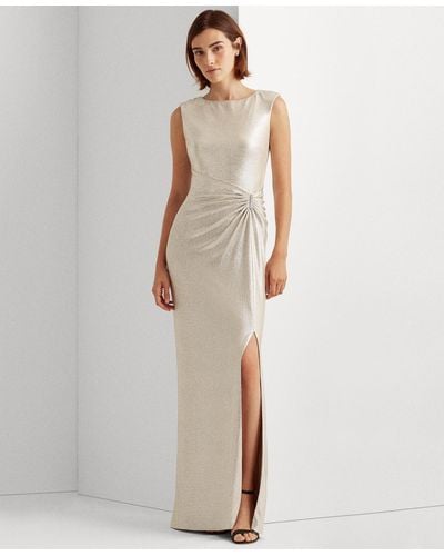 Lauren by Ralph Lauren Metallic Sleeveless Side-slit Gown - White