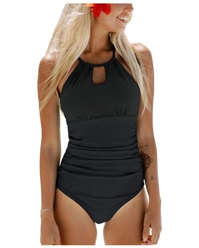 CUPSHE Tummy Control Cutout High Neck One Piece Swimsuit - Black