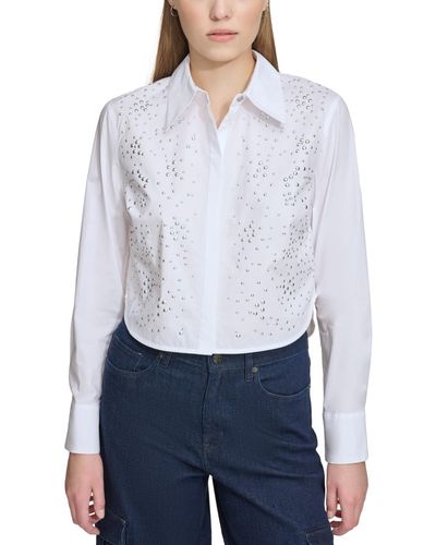 DKNY Cotton Studded Cropped Shirt - White