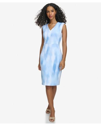 Calvin Klein Printed V-neck Sheath Dress - Blue