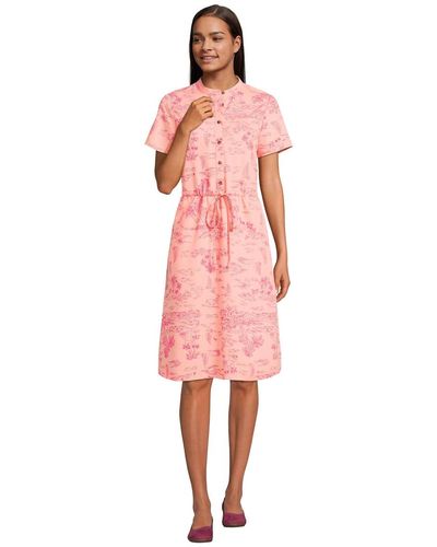 Lands' End Rayon Short Sleeve Button Front Dress - Pink
