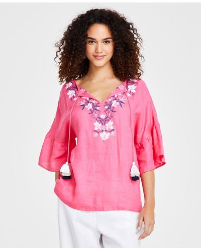 Charter Club 100% Linen Embroidered Peasant Top - Pink