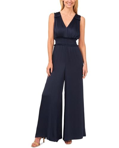 Cece V-neck Smocked-waist Sleeveless Plisse Jumpsuit - Blue