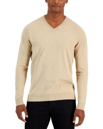 Alfani Solid V-neck Cotton Sweater - Natural