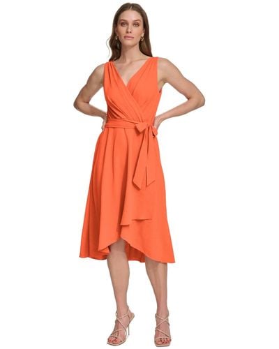 DKNY Sleeveless Faux-wrap Dress - Orange