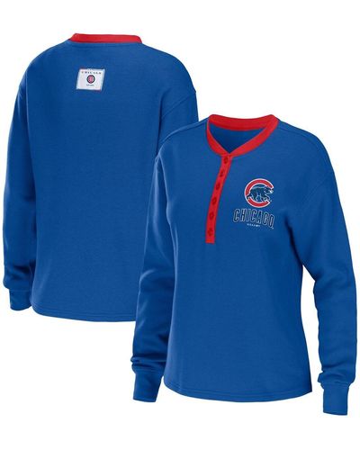 WEAR by Erin Andrews Chicago Cubs Waffle Henley Long Sleeve T-shirt - Blue