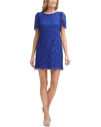 Jessica Howard Petite Lace Puff-shoulder Dress - Blue