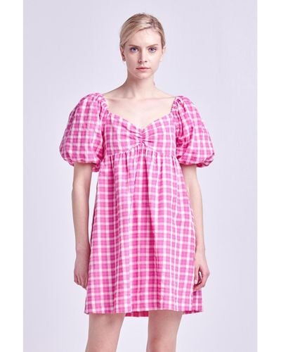 English Factory Gingham Linen Sweetheart Baby Doll Dress - Pink