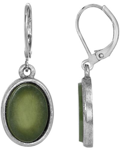2028 Silver-tone Semi Precious Jade Oval Flat Drop Earrings - Green