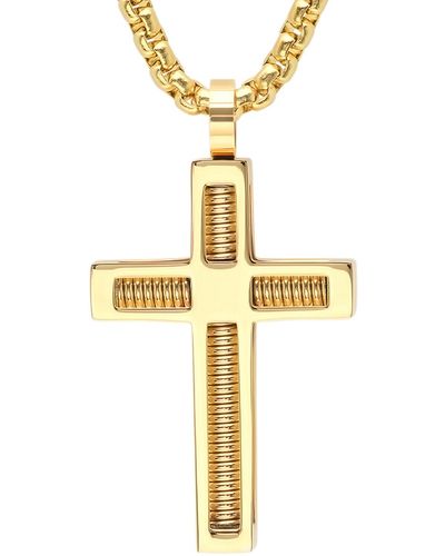 Steeltime 18k -plated Stainless Steel Spring Inlay Cross 24" Pendant Necklace - Metallic