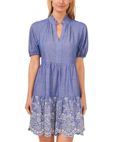 Cece Floral Embroidered Cotton Babydoll Dress - Blue
