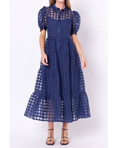 English Factory Gridded Organza Tiered Maxi Dress - Blue