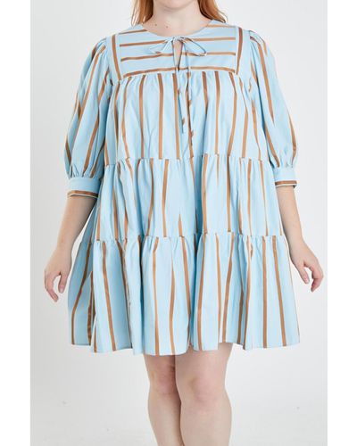 English Factory Plus Size Striped Blouson Mini Dress - Blue